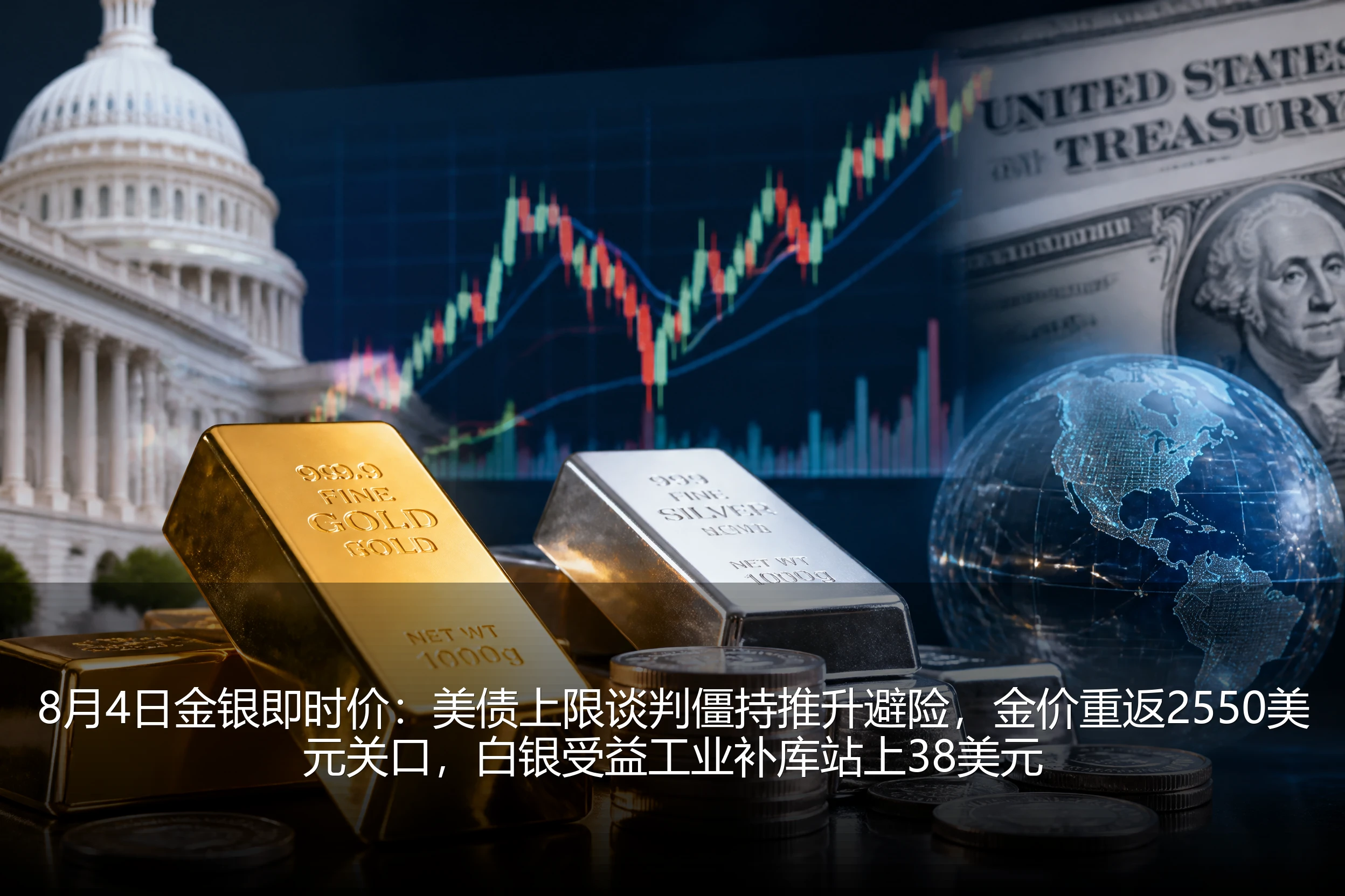 8月4日金银即时价：美债上限谈判僵持推升避险，金价重返2550美元关口，白银受益工业补库站上38美元