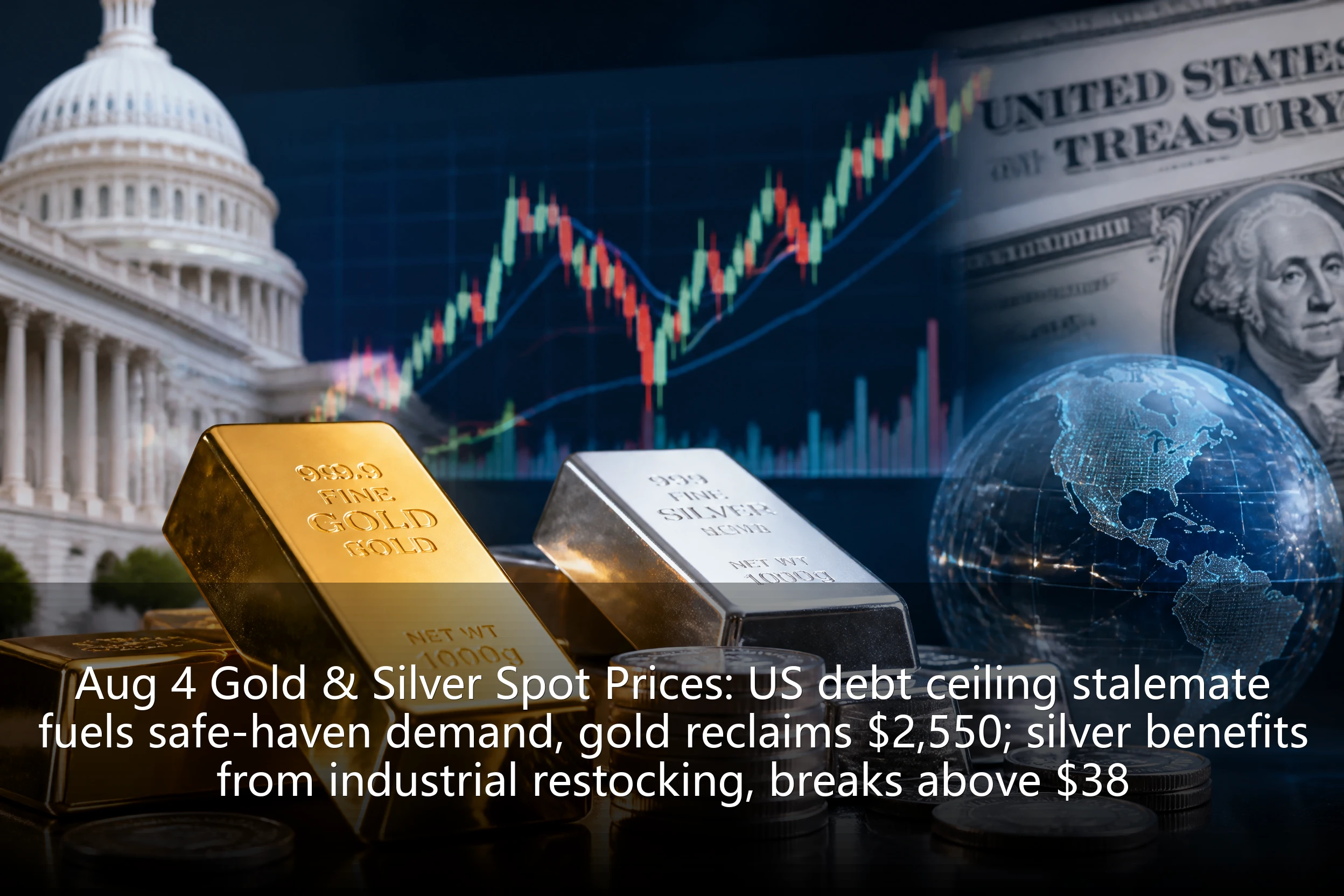 Aug 4 Gold & Silver Spot Prices: US debt ceiling stalemate fuels safe-haven demand, gold reclaims $2,550; silver benefits from industrial restocking, breaks above $38