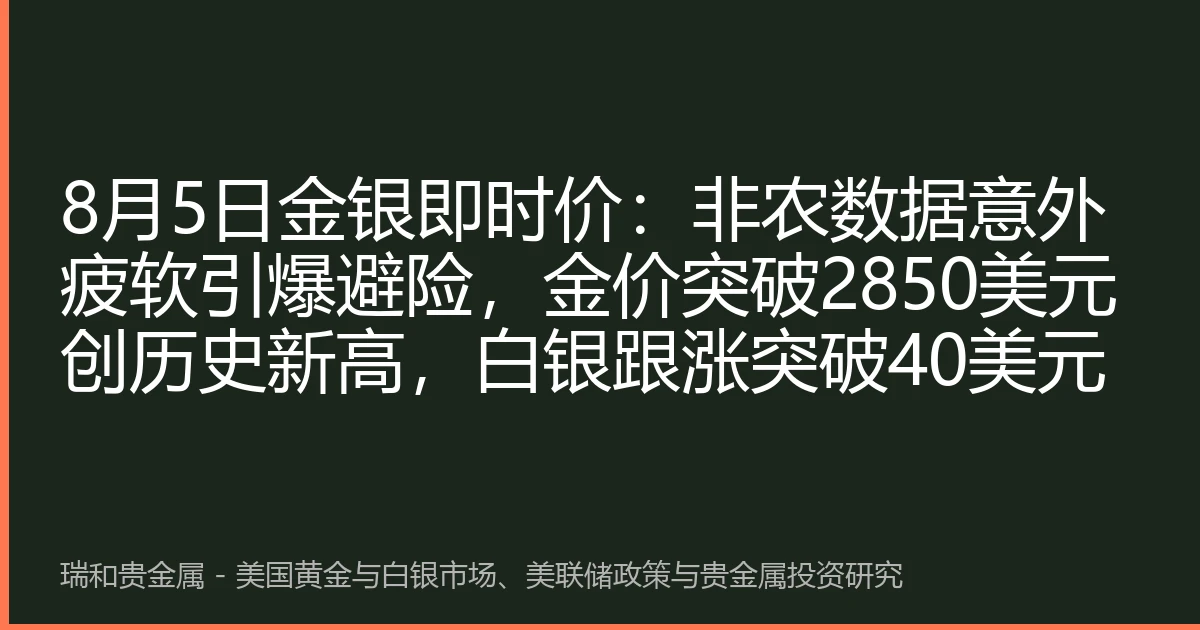 8月5日金银即时价:非农数据意外疲软引爆避险,金价突破2850美元创历史新高,白银跟涨突破40美元