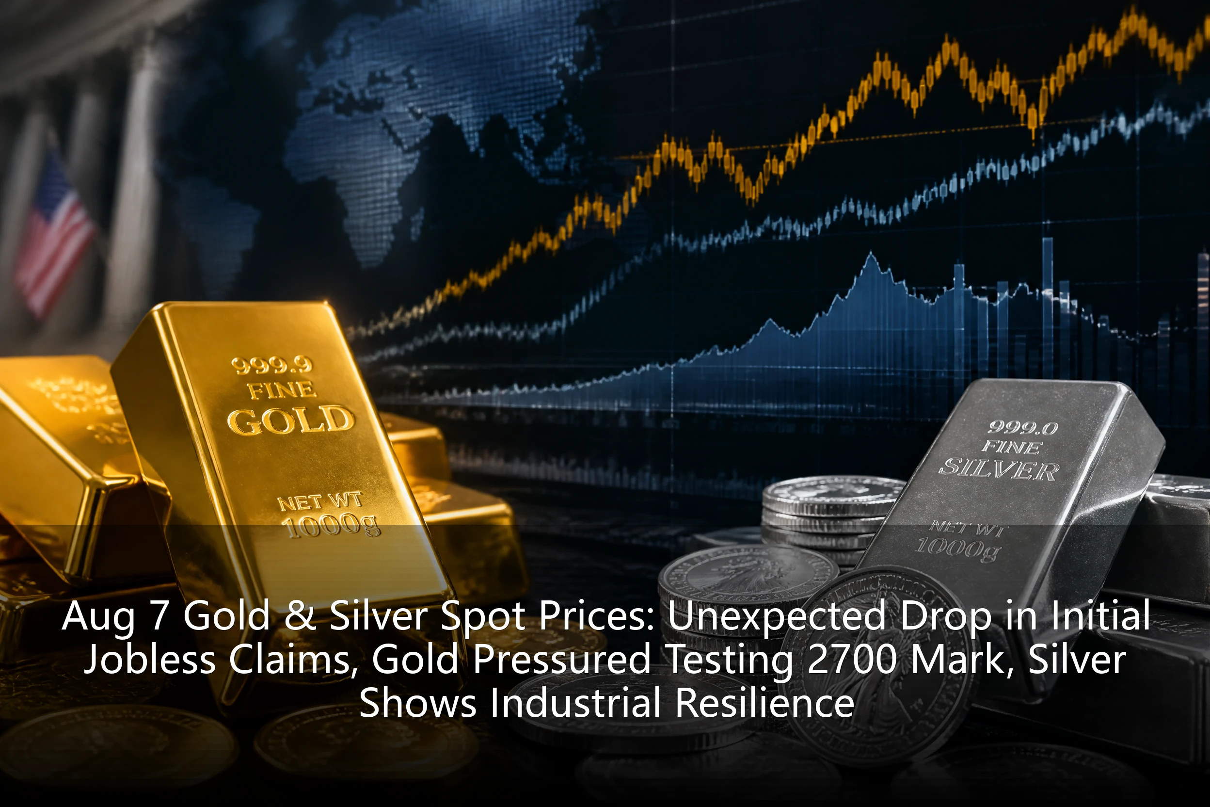 Aug 7 Gold & Silver Spot Prices: Unexpected Drop in Initial Jobless Claims, Gold Pressured Testing 2700 Mark, Silver Shows Industrial Resilience